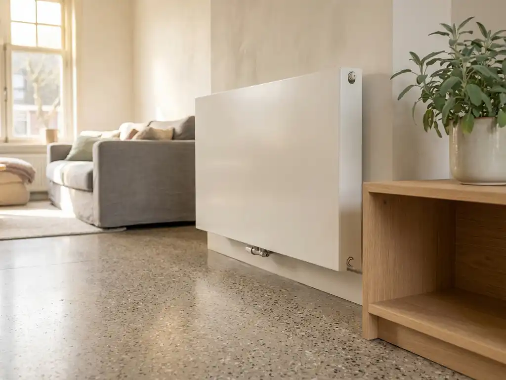 Betonnen terrazzovloer met wit wandradiator in zonnige Nederlandse woonkamer, lichte eiken planken en saliegroen plantje op de achtergrond.