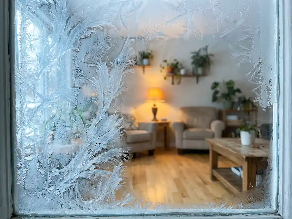 IJskristallen op een bevroren vensterruit met daarachter een gezellige Nederlandse woonkamer met amberkleurig licht en lichte eiken vloer.
