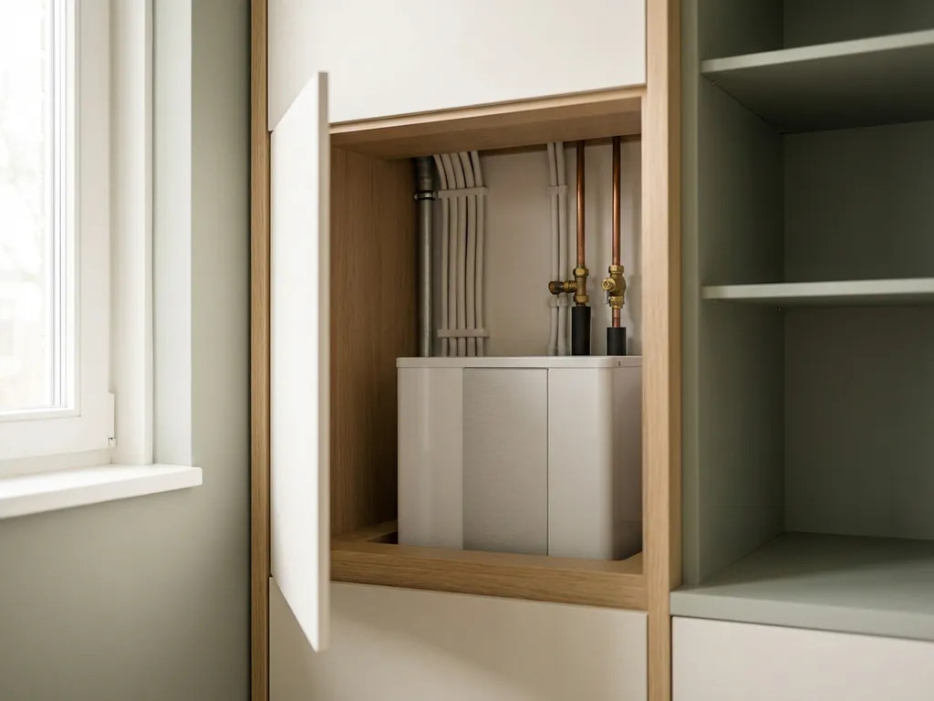 Compacte witte binnenunit van een warmtepomp in een moderne Nederlandse meterkast met koperen leidingen en kabelgoten.