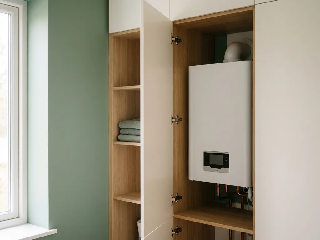 Compacte witte warmtepomp in een moderne, nette meterkast met lichte eikenhouten planken en warme witte muren.