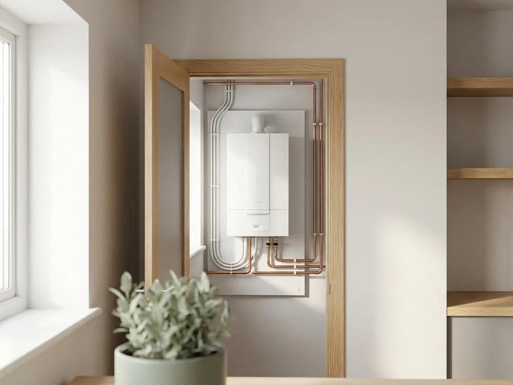 Compacte witte warmtepomp in een moderne Nederlandse meterkast met koperen leidingen en nette kabelgeleiding.