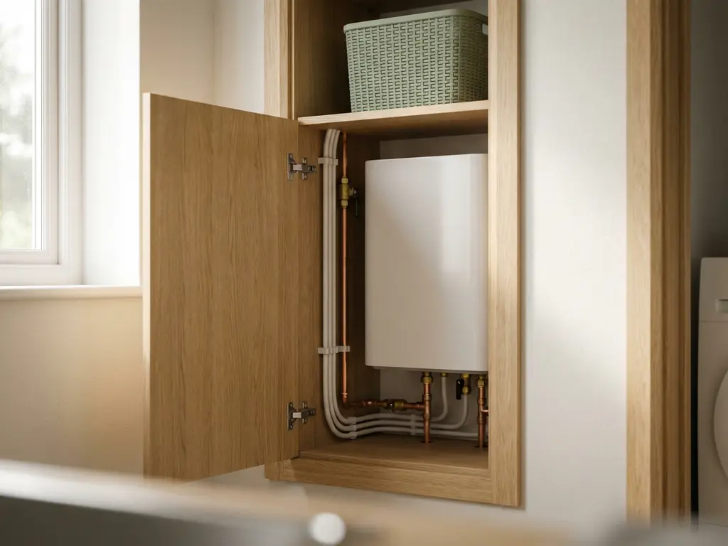 Compacte witte warmtepomp in een nette Nederlandse meterkast met koperen leidingen en lichte eiken accenten.