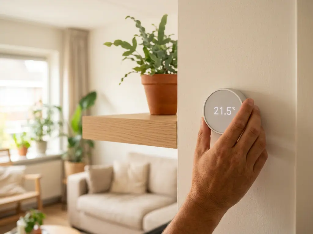 Hand die een moderne digitale thermostaat bijstelt op witte muur in minimalistische Nederlandse woonkamer met lichte eiken plank.