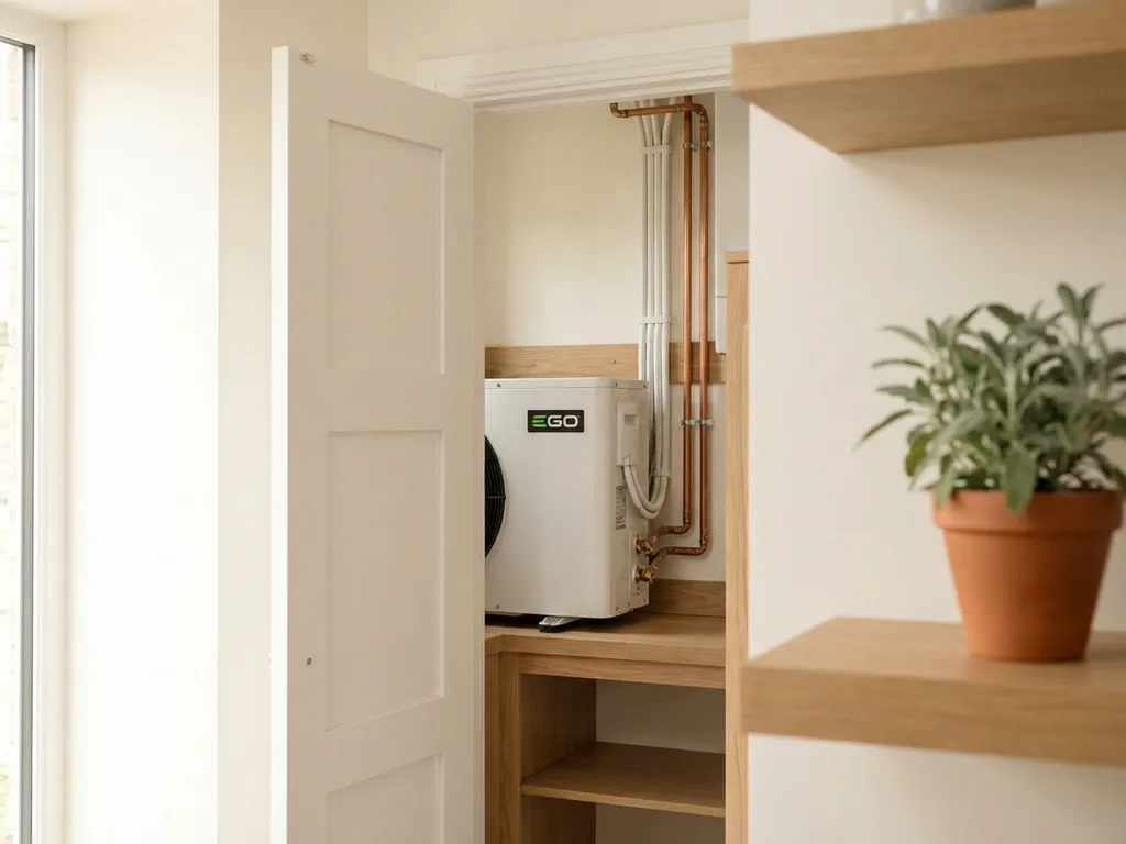 Witte EGO warmtepomp in nette meterkast met koperen leidingen, lichte eikenhouten accenten en klein saliegroen plantje.