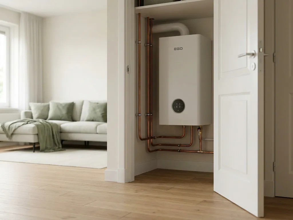 Witte EGO warmtepomp in nette Nederlandse meterkast met koperen leidingen, lichteikenhouten vloer en woonkamer op de achtergrond.