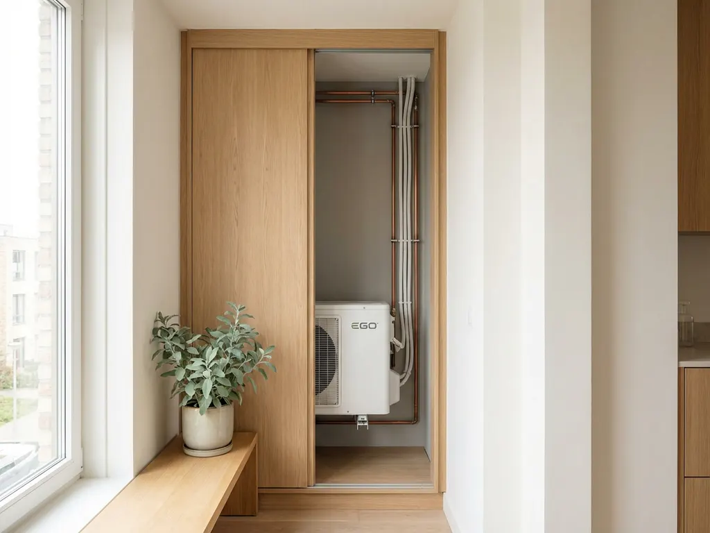 Compacte witte EGO warmtepomp in een halfopen meterkast van een modern Nederlands appartement met koperen leidingen en lichte eiken accenten.