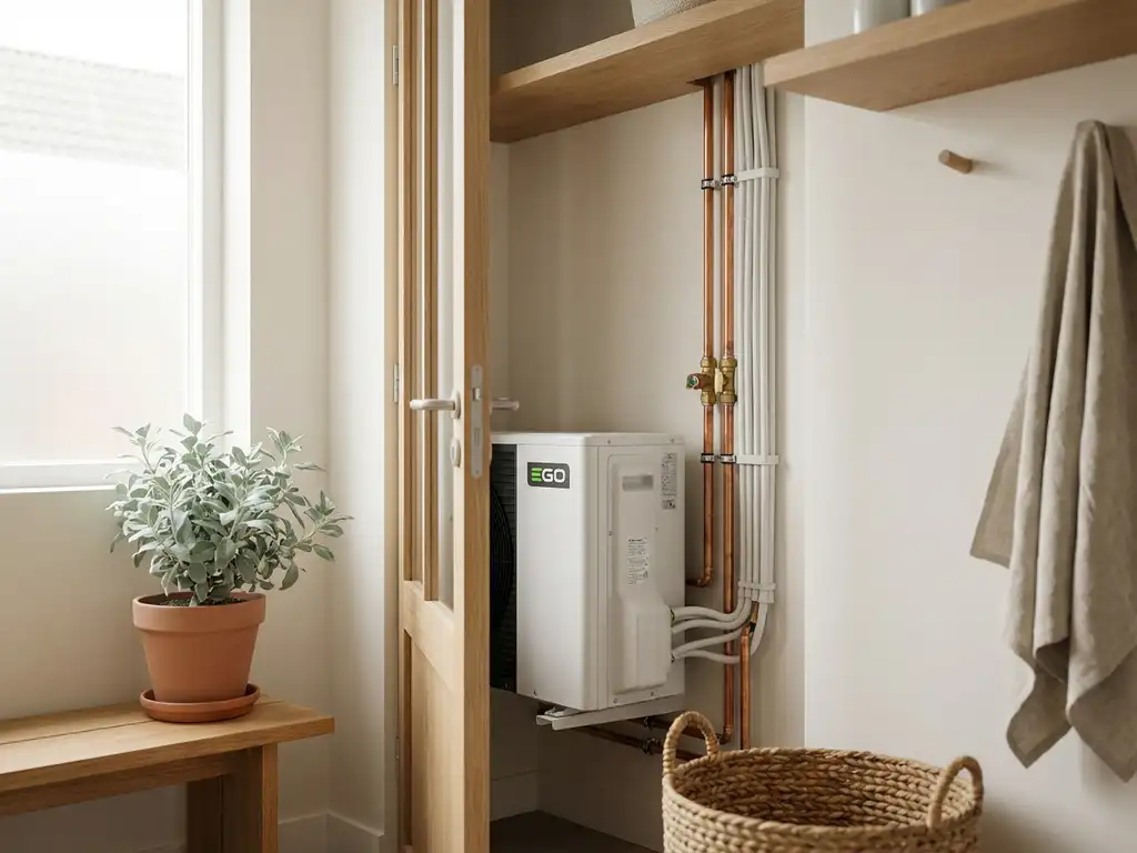 Witte EGO warmtepomp in moderne Nederlandse bijkeuken met koperen leidingen, nette kabelgeleiding en saliegroen plant.