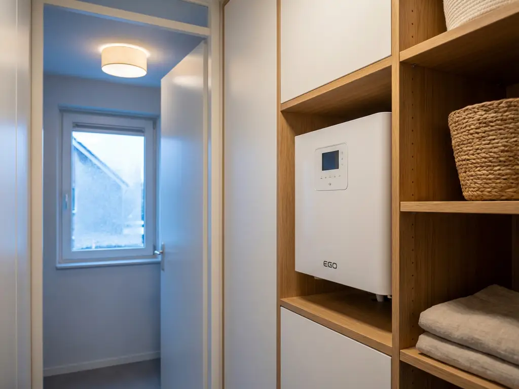 Compacte witte EGO warmtepomp in een moderne Nederlandse meterkast, met ijzig raam zichtbaar op de achtergrond in winterdaglicht.