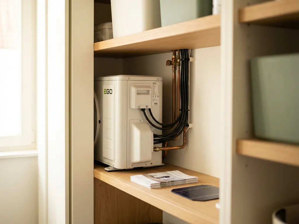 Witte EGO warmtepomp in Nederlandse meterkast met koperen leidingen, nette bedrading en zonnepaneel brochures tegen de muur.