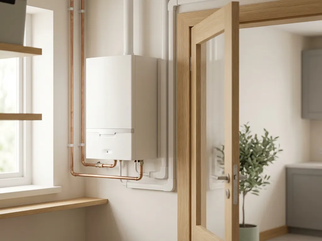 Compacte witte elektrische warmtepomp in een moderne Nederlandse bijkeuken met koperen leidingen en lichte eiken accenten.