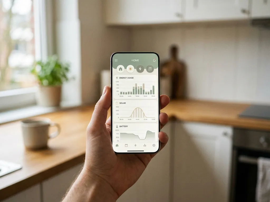 Hand met smartphone waarop een thuisenergie-dashboard zichtbaar is, voor een minimalistische Nederlandse keuken met licht eiken en witte muren.