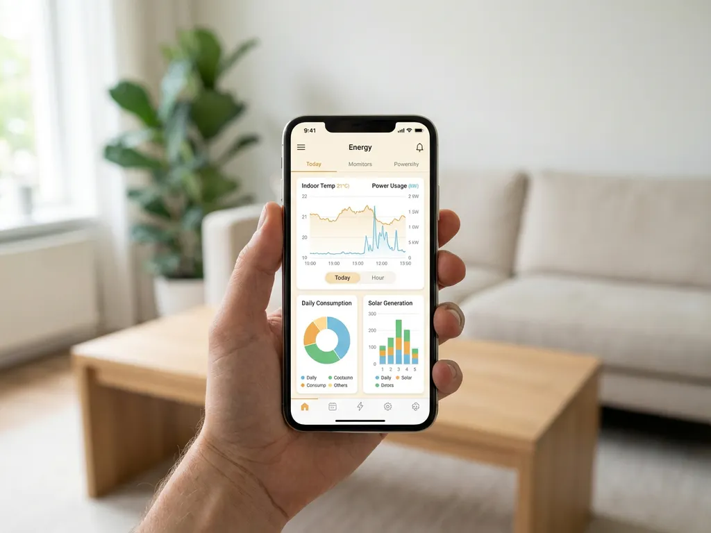Hand met smartphone met energiedashboard met temperatuurgrafieken, minimalistisch Nederlandse woonkamer op de achtergrond.