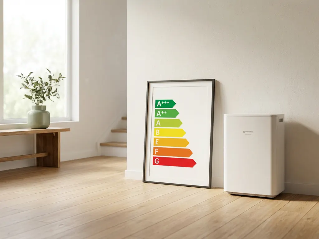 Energielabel certificaat tegen witte muur naast compacte warmtepomp in lichte Nederlandse hal met lichte eiken vloer.