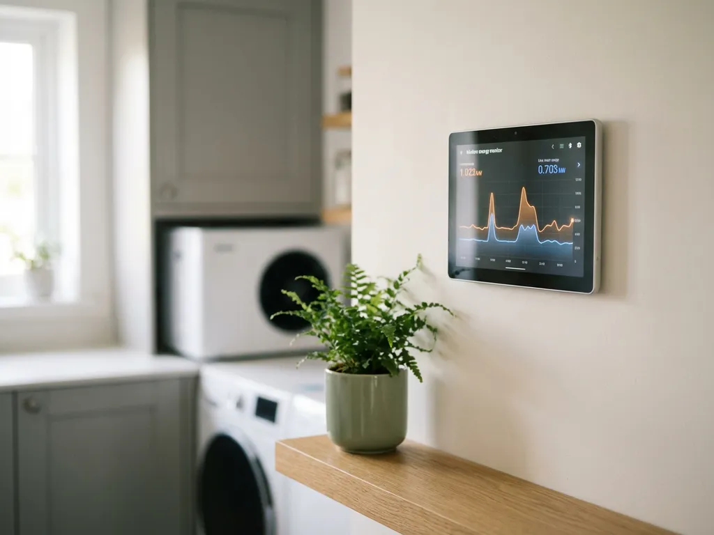 Energiemonitor aan witte muur toont realtime elektriciteitsverbruik, met warmtepomp en lichte eikenhouten planken op de achtergrond.