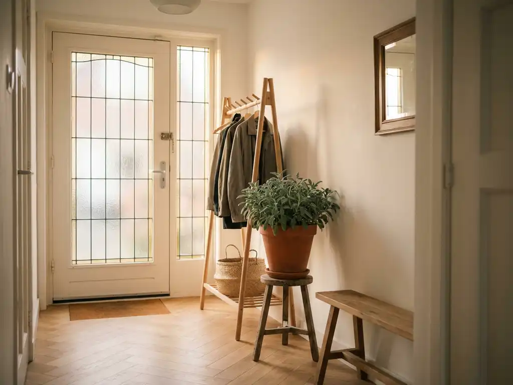 Lichte hal van een Nederlandse rijtjeswoning met visgraatparket, witte muren en een saliegroen potplant naast een minimalistische kapstok.