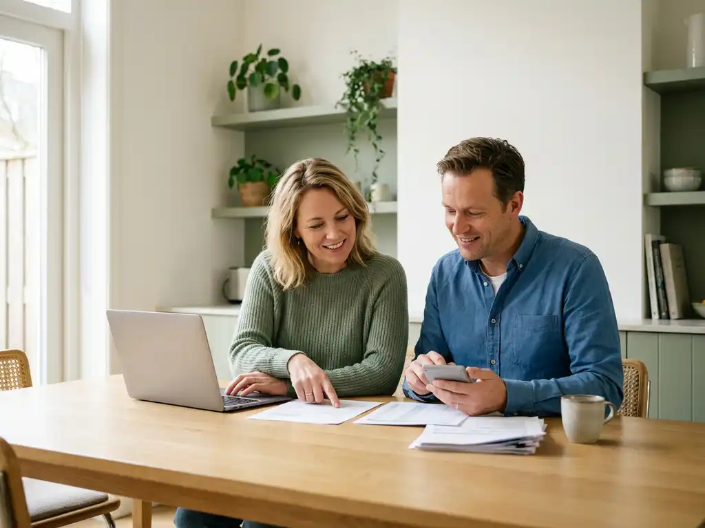 Nederlands stel van begin veertig bekijkt hypotheekdocumenten aan een eiken keukentafel met laptop en rekenmachine.