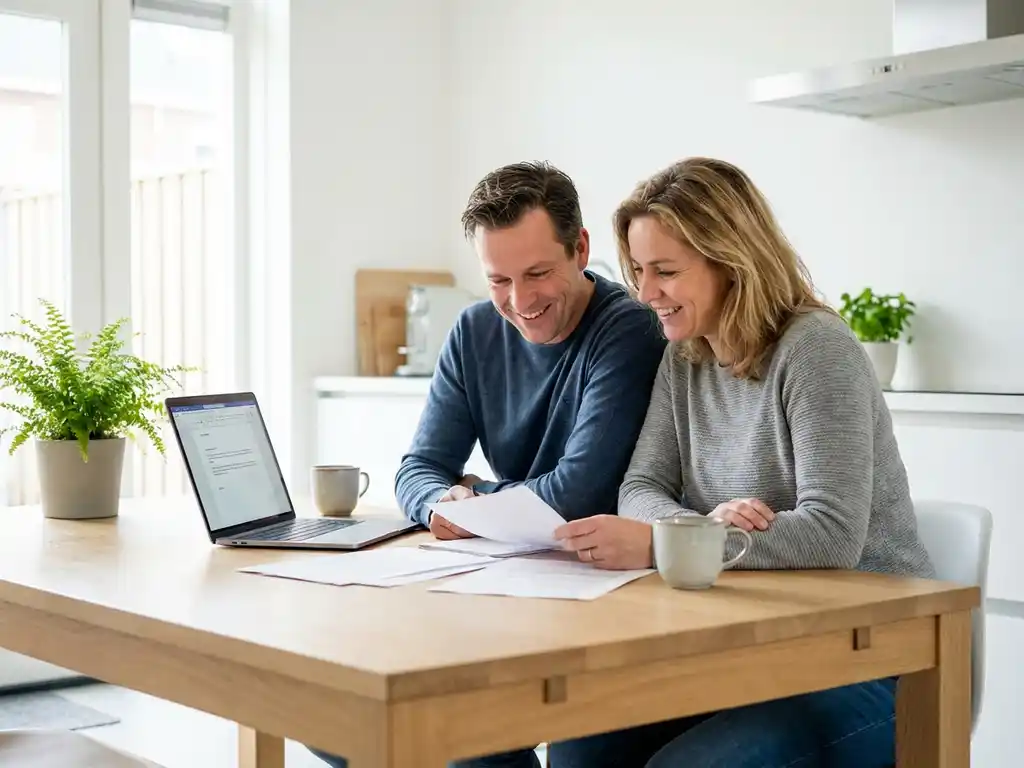 Stel van middelbare leeftijd bekijkt hypotheekdocumenten op eiken keukentafel met laptop, lichte Scandinavische keuken op de achtergrond.