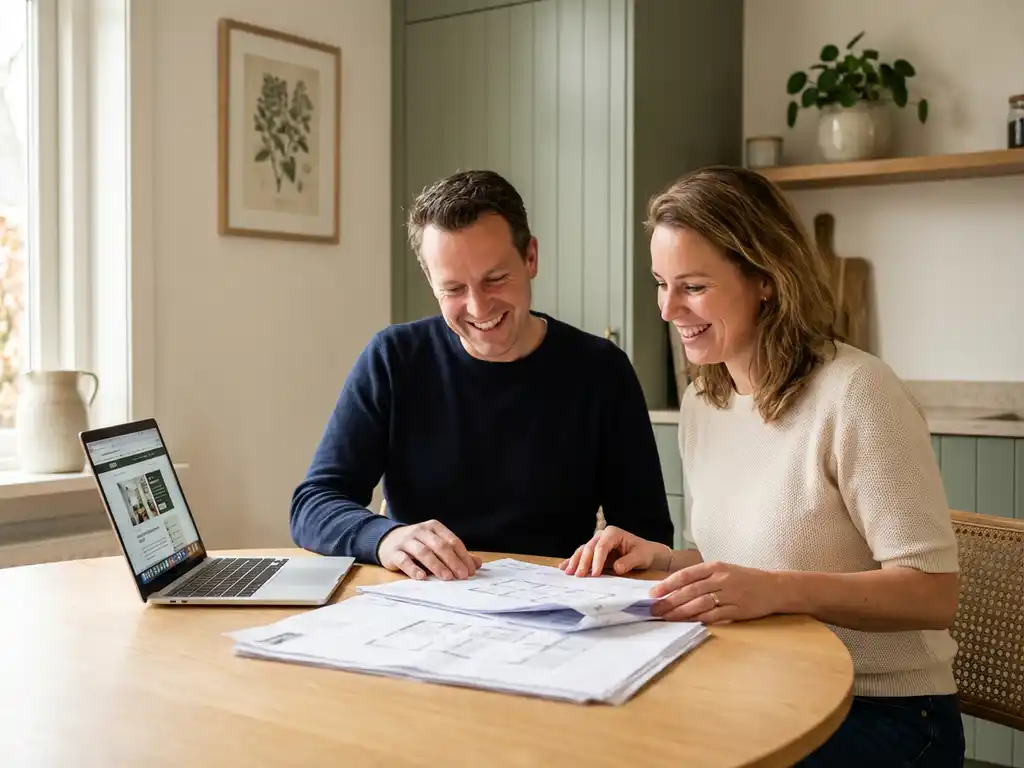 Nederlandstalig echtpaar van middelbare leeftijd bekijkt hypotheekdocumenten aan eiken keukentafel met laptop, ontspannen en zelfverzekerd.