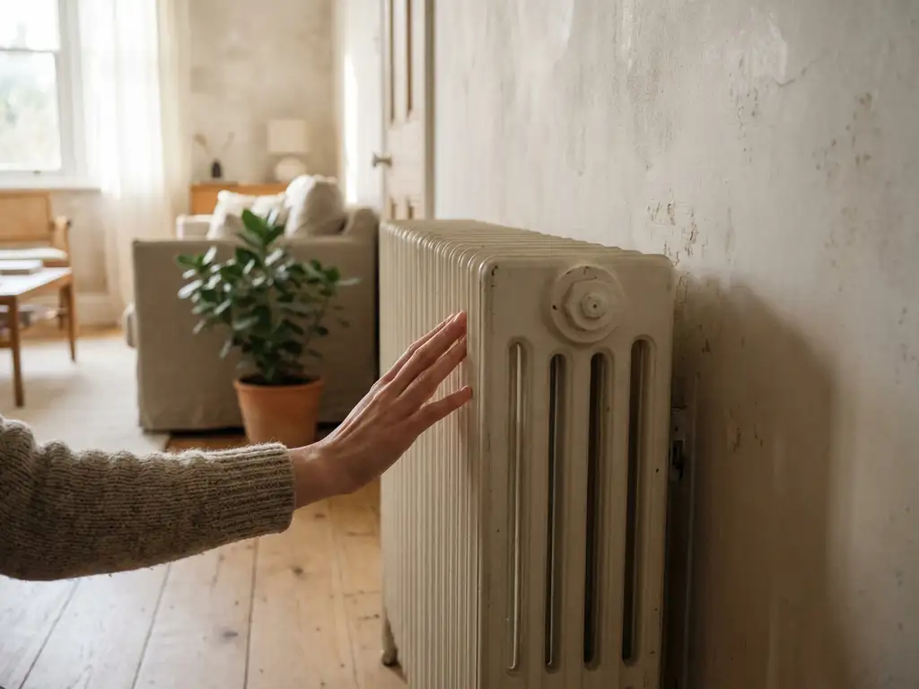 Hand die warmte test op een klassieke Nederlandse radiator tegen warme witte muur, lichte eiken vloer en groene plant op achtergrond.