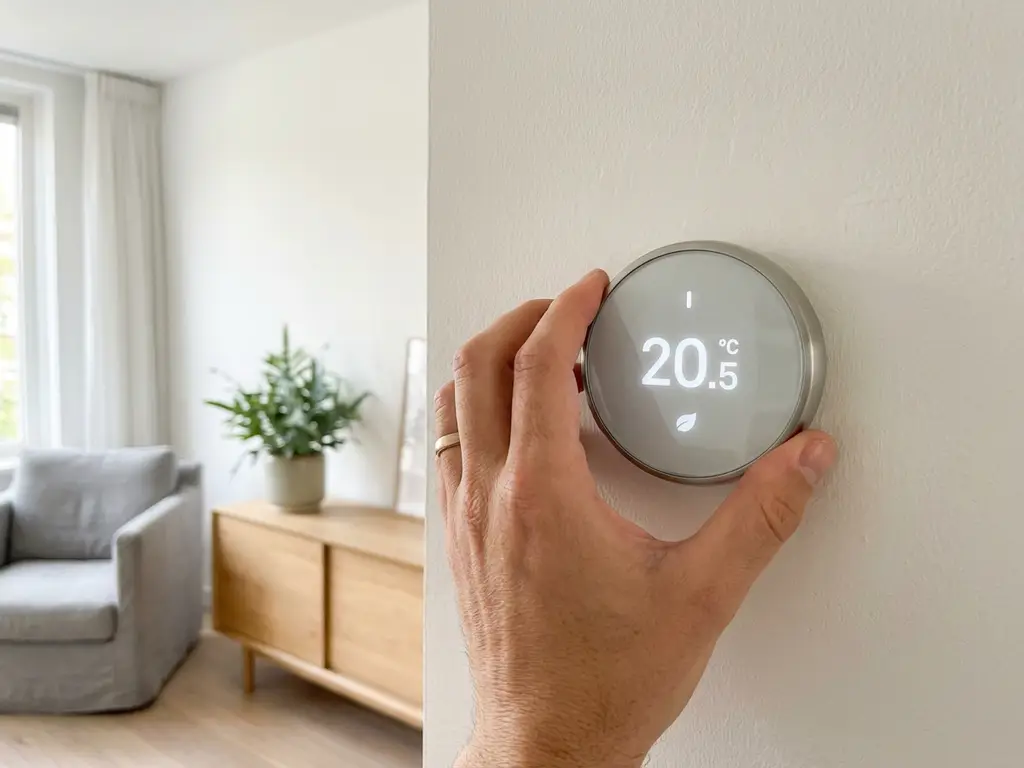 Hand die een moderne digitale thermostaat bijstelt op een witte muur, met een minimalistische Nederlandse woonkamer op de achtergrond.