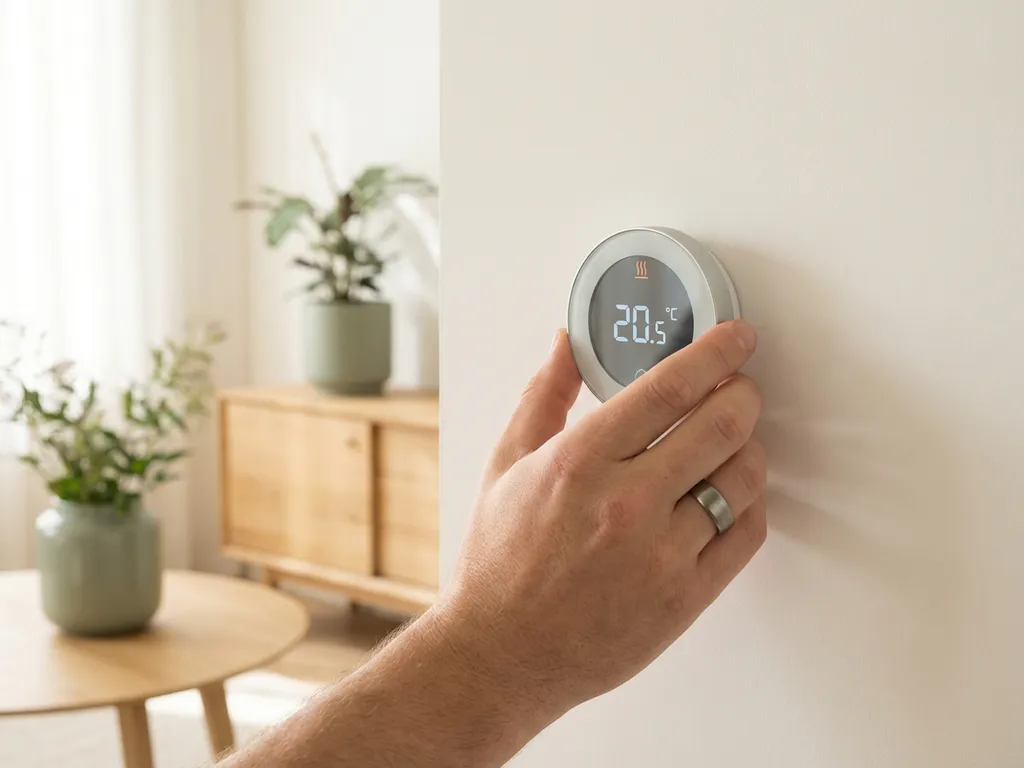 Hand die een digitale thermostaat instelt in een moderne Nederlandse woonkamer met lichte eiken meubels en natuurlijk daglicht.