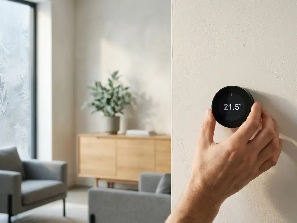 Hand die een moderne digitale thermostaat bijstelt op witte muur, met woonkamer en bevroren raam op de achtergrond.