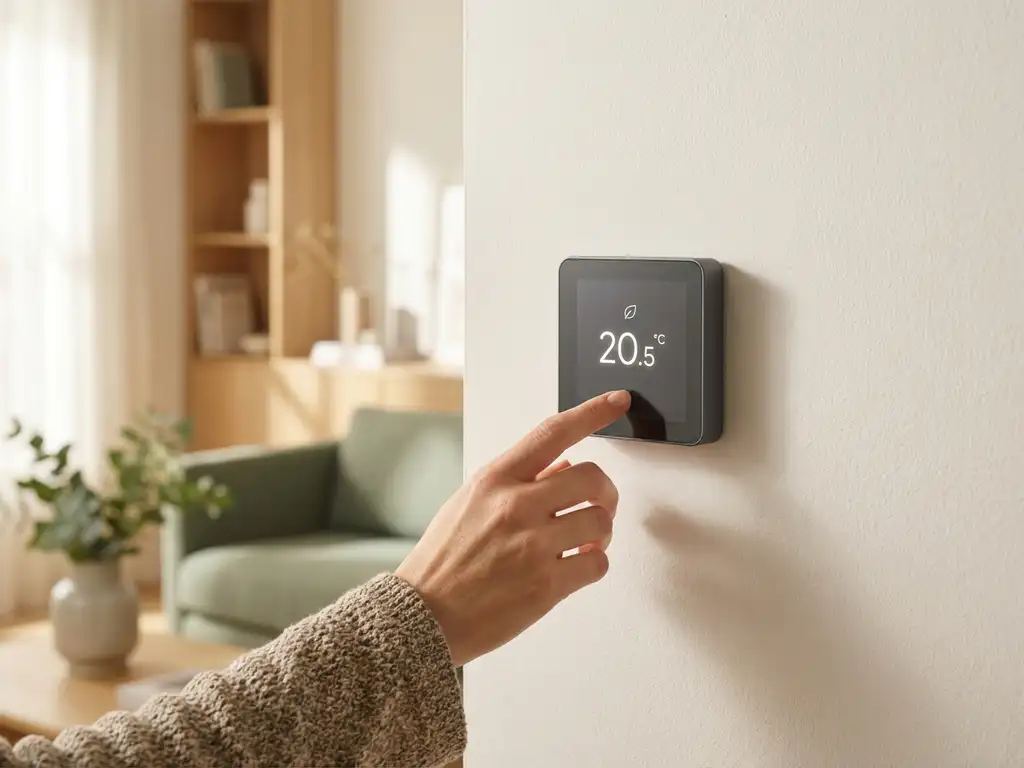 Hand die een digitale thermostaat instelt op een witte muur, met een moderne Nederlandse woonkamer op de achtergrond.