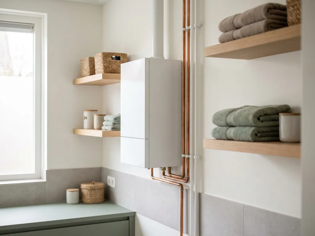 Compacte witte warmtepomp in moderne Nederlandse meterkast, met koperen leidingen en nette kabelgeleiding op lichte eikenhouten planken.