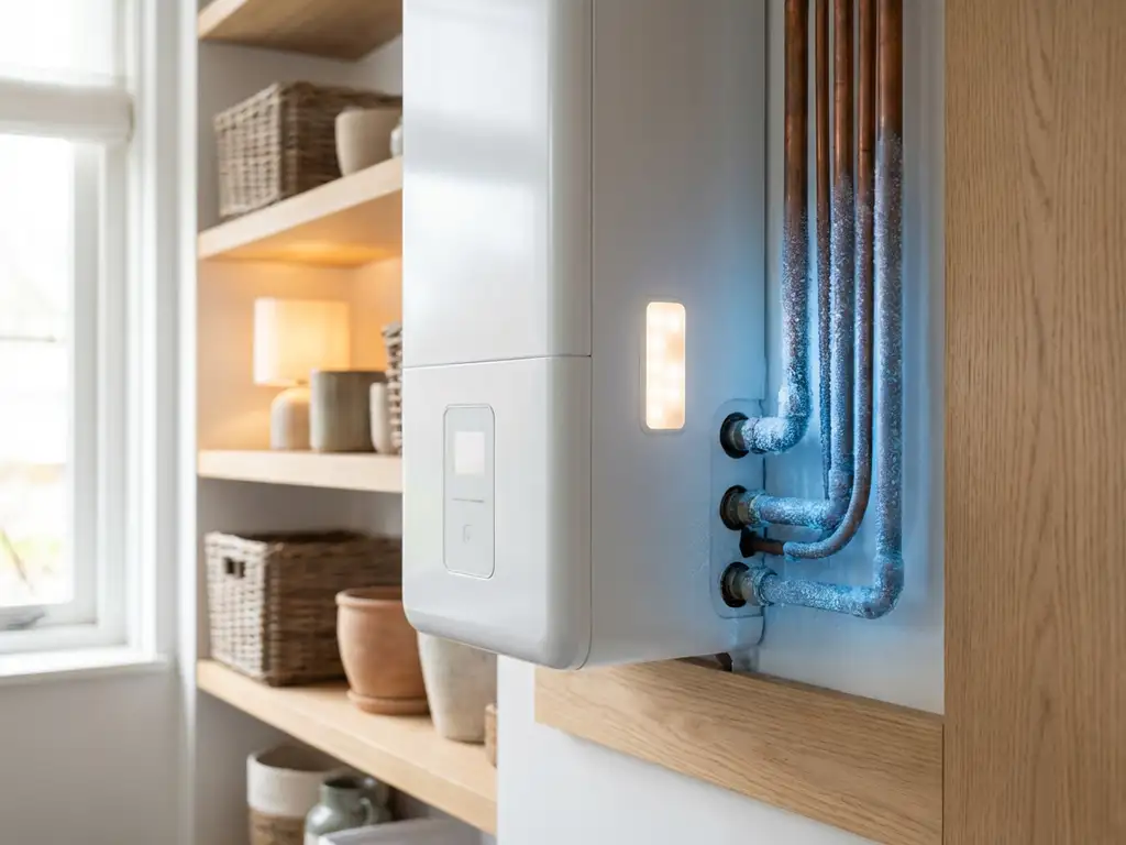 Witte warmtepomp in Nederlandse meterkast met vorstkristallen op koperen leidingen en eiken wandplanken op de achtergrond.