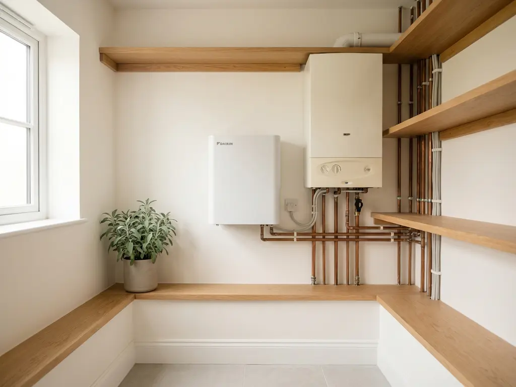 Compacte witte binnenunit van een warmtepomp naast een cv-ketel in een moderne technische ruimte met koperen leidingen en lichte eikenhouten planken.