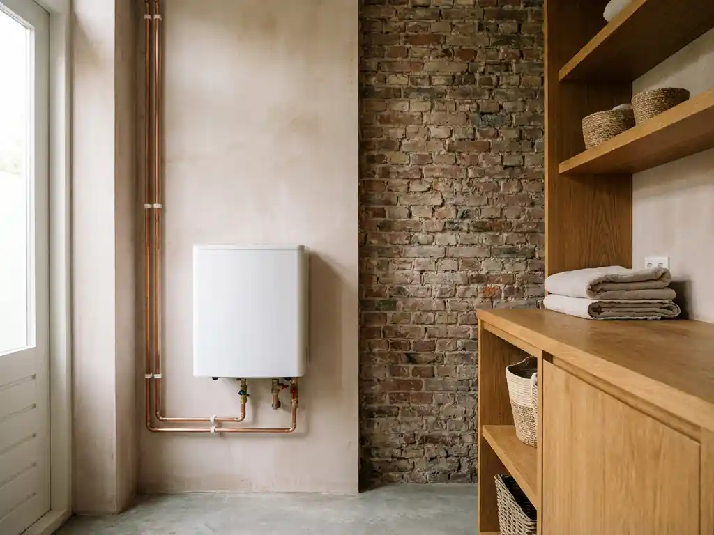 Witte binnenunit van een warmtepomp in een moderne Nederlandse meterkast met verse pleistermuur, bakstenen en koperen leidingen.