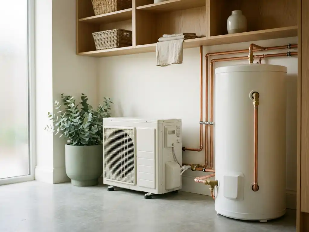 Witte warmtepomp en boilervat naast elkaar in moderne technische ruimte, verbonden met koperen leidingen.