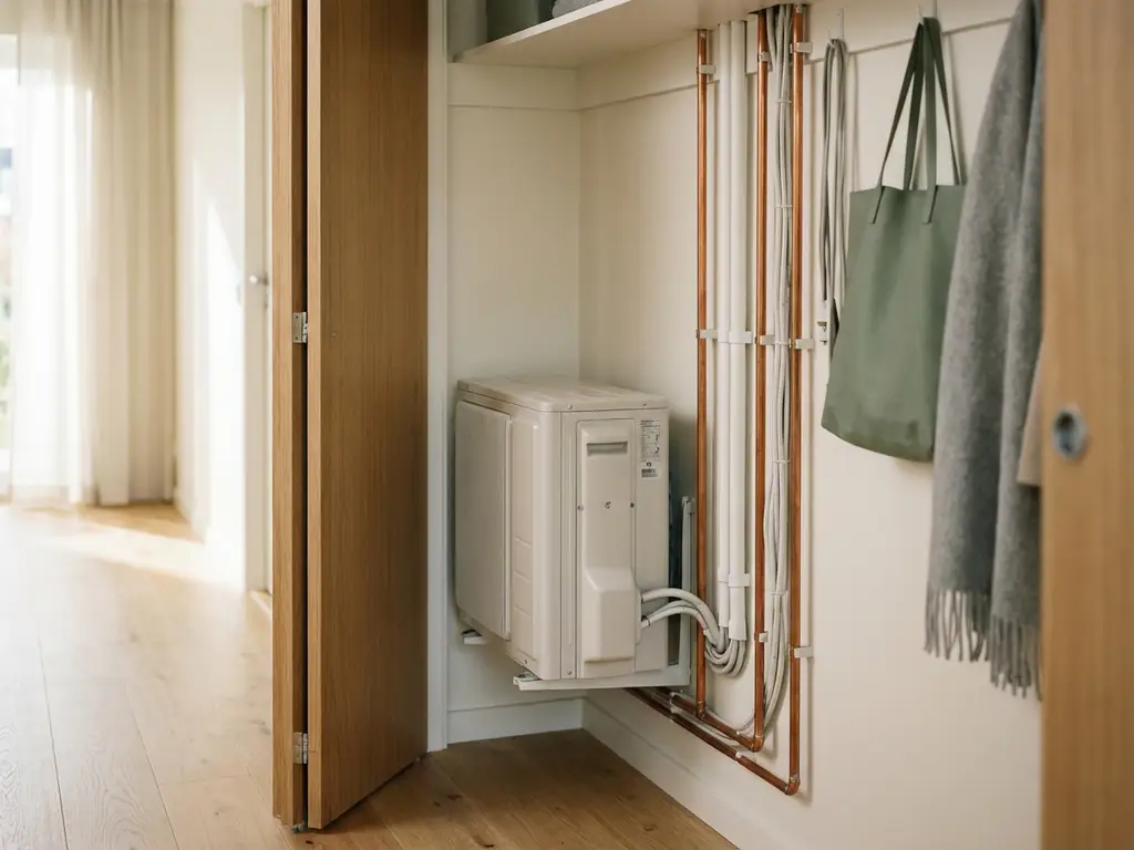 Compacte witte warmtepomp in nette moderne techniekkast met koperen leidingen en kabelgoten, deur halfopen.