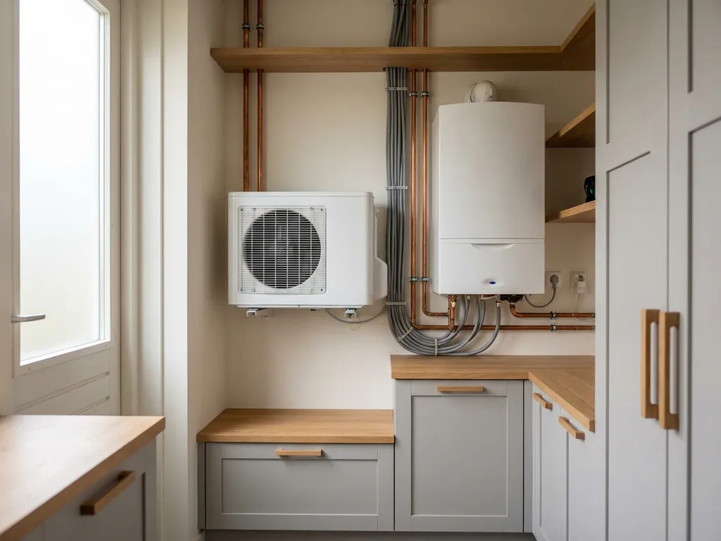 Compacte witte warmtepomp naast cv-ketel in moderne Nederlandse meterkast met koperen leidingen en eiken accenten.