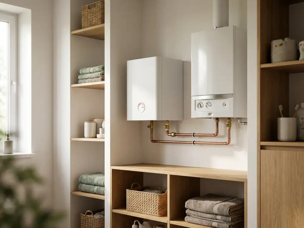 Compacte witte warmtepomp in Nederlandse meterkast naast een cv-ketel, verbonden via koperen leidingen.