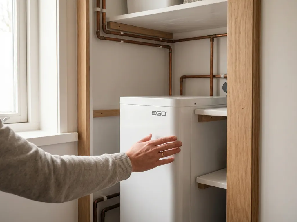 Witte EGO warmtepomp in Nederlandse meterkast met koperen leidingen, hand rust zelfverzekerd op het apparaat.