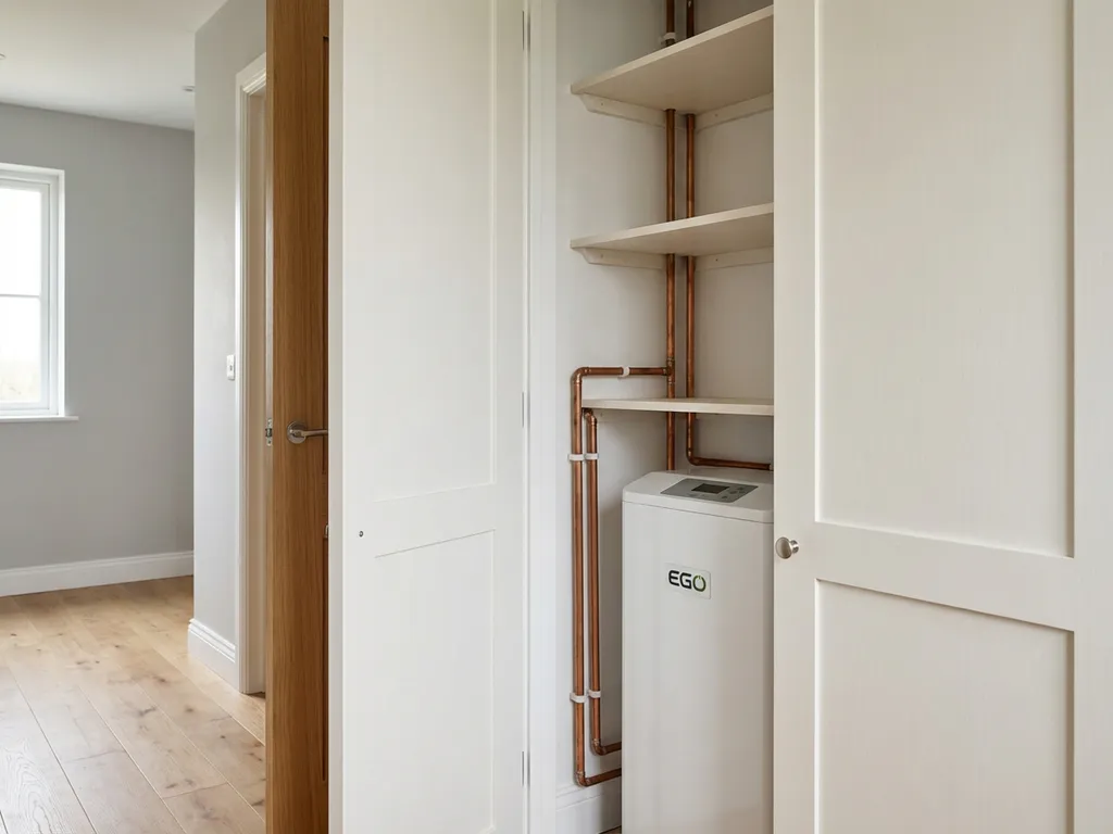 Compacte witte EGO warmtepomp in nette Nederlandse meterkast, koperen leidingen langs witte wanden, deur op een kier.