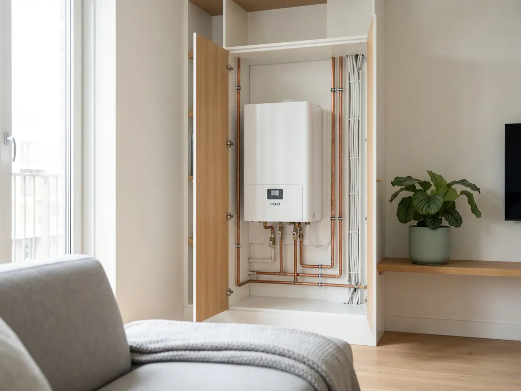 Compacte witte EGO warmtepomp in een technische kast van een modern Nederlands appartement met koperen leidingen en lichte eiken accenten.