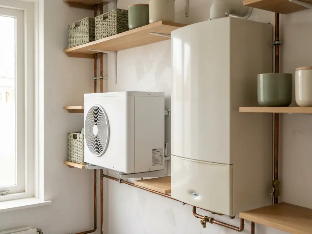 Compacte witte warmtepomp naast een gasketel in een nette Nederlandse technische ruimte, lichte eiken planken en koperen leidingen zichtbaar.