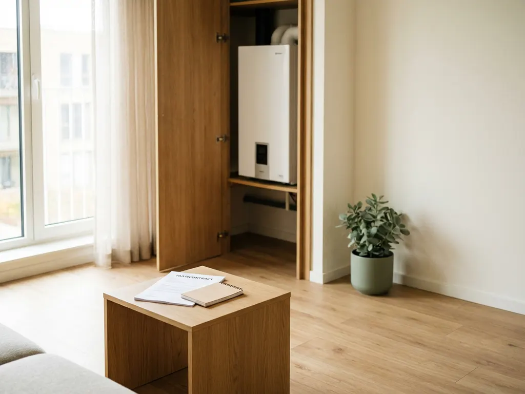 Compacte warmtepomp in technische kast van modern Nederlands huurappartement, met huurcontract op eiken bijzettafel.