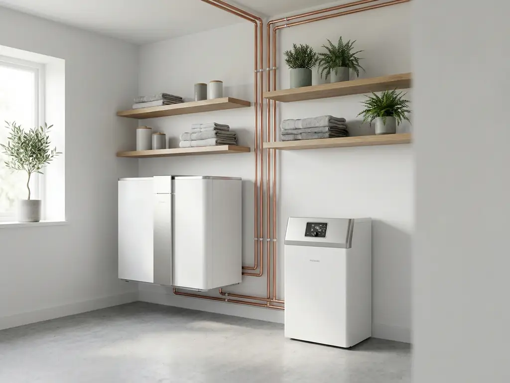 Compacte witte warmtepomp in moderne stookruimte met nette koperen leidingen langs witte muren en hybride unit ernaast.