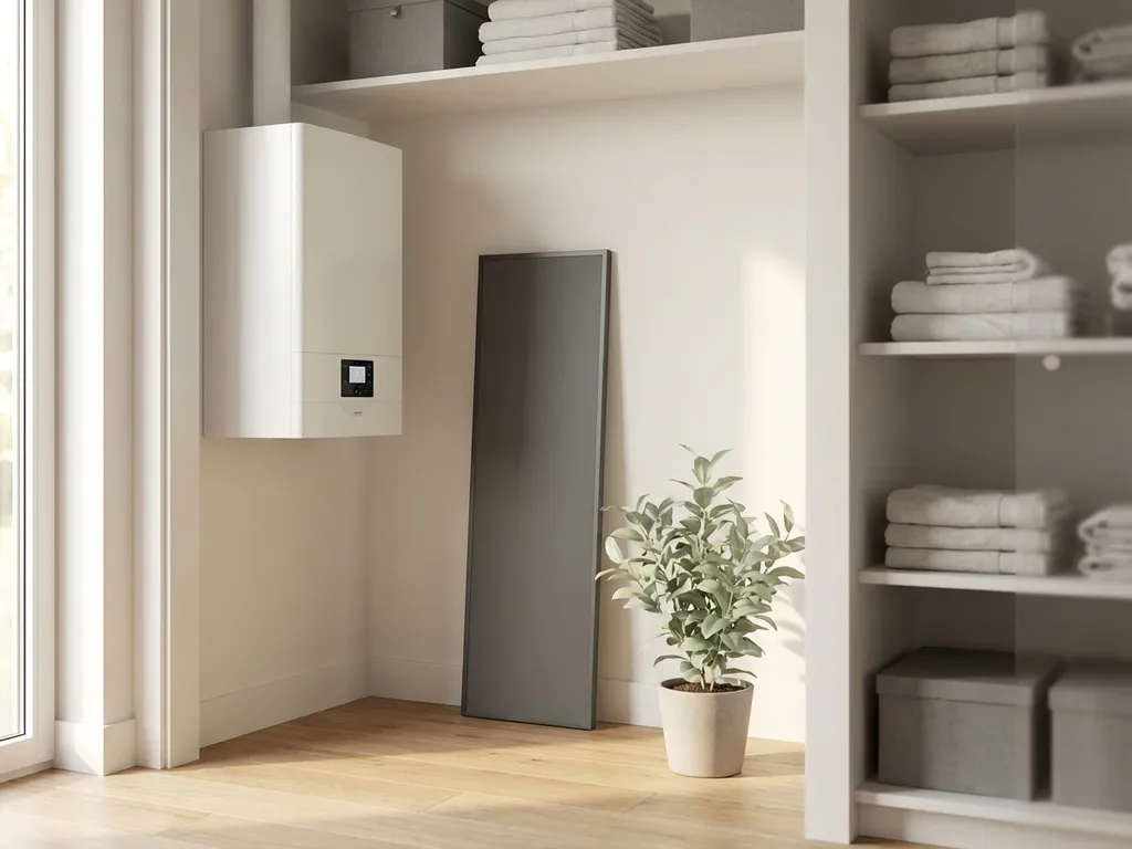 Witte warmtepomp in een nette technische ruimte naast een infrarood wandpaneel, lichte eiken vloer en salie groene plant.