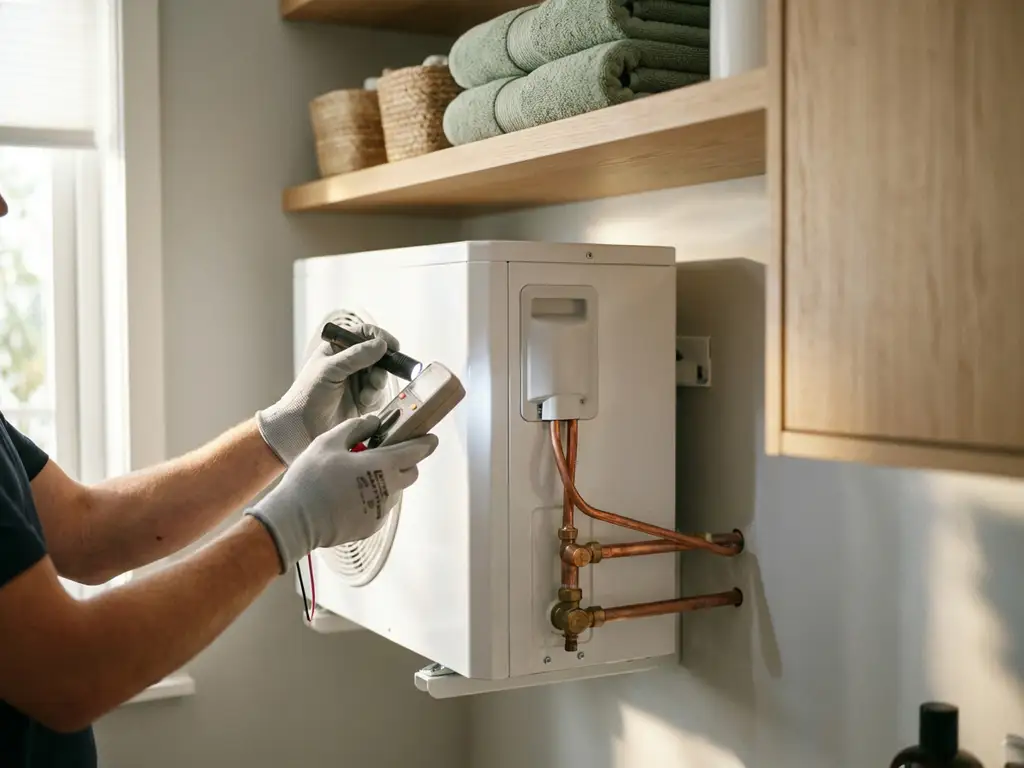 Technicus inspecteert een compacte witte warmtepomp met koperen leidingen in een moderne stookruimte.