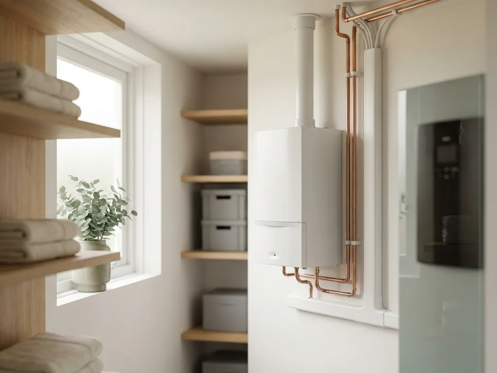 Compacte witte warmtepomp in moderne Nederlandse meterkast met koperen leidingen en nette kabelgeleiding.