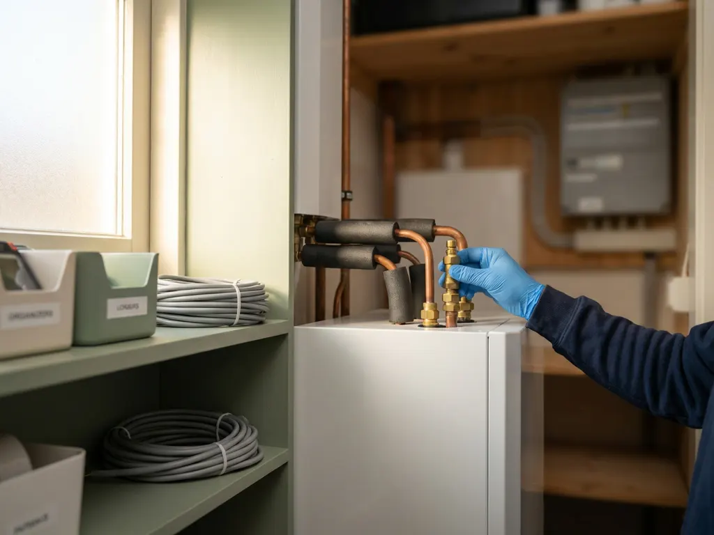 Technicus inspecteert koperen leidingverbindingen van een witte warmtepomp in een Nederlandse meterkast.