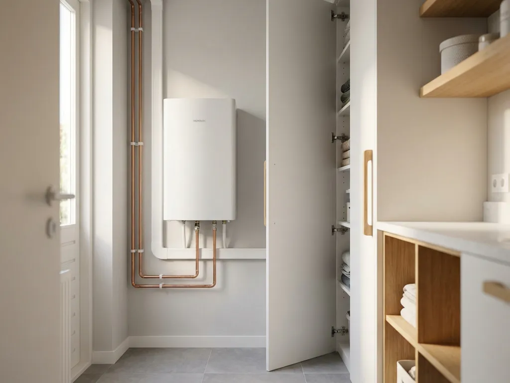 Compacte witte warmtepomp in een moderne Nederlandse meterkast met koperen leidingen en nette kabelgeleiding langs de muur.