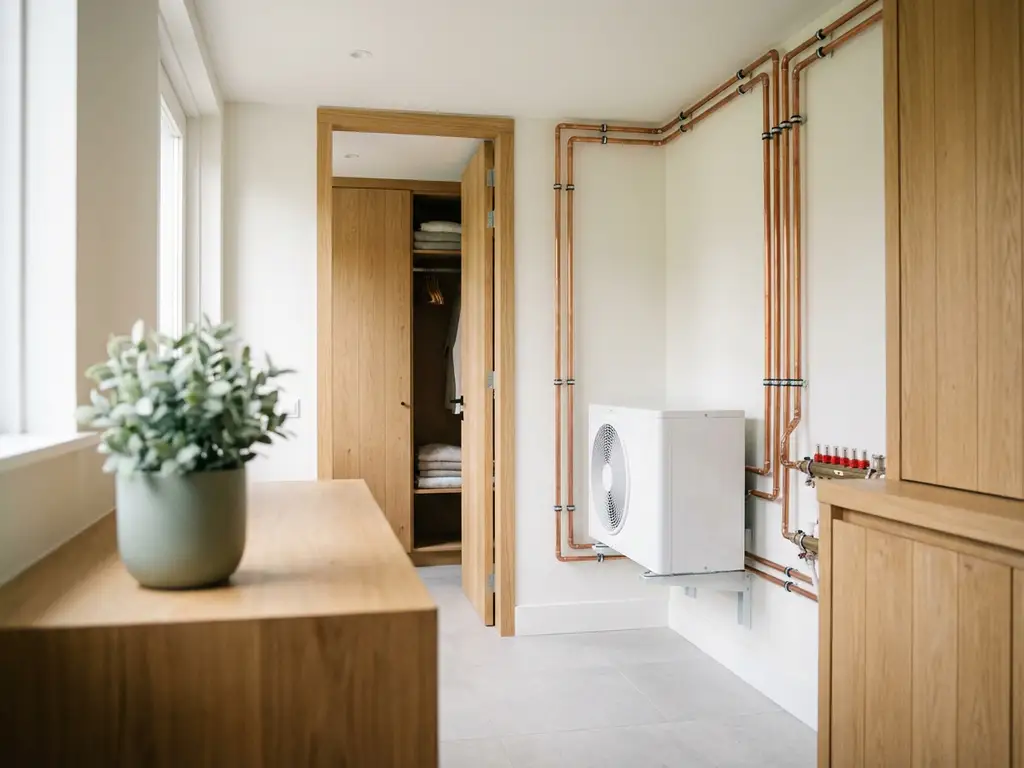 Compacte witte warmtepomp in een moderne Nederlandse meterkast met koperen leidingen langs witte muren en een salie groene plant.