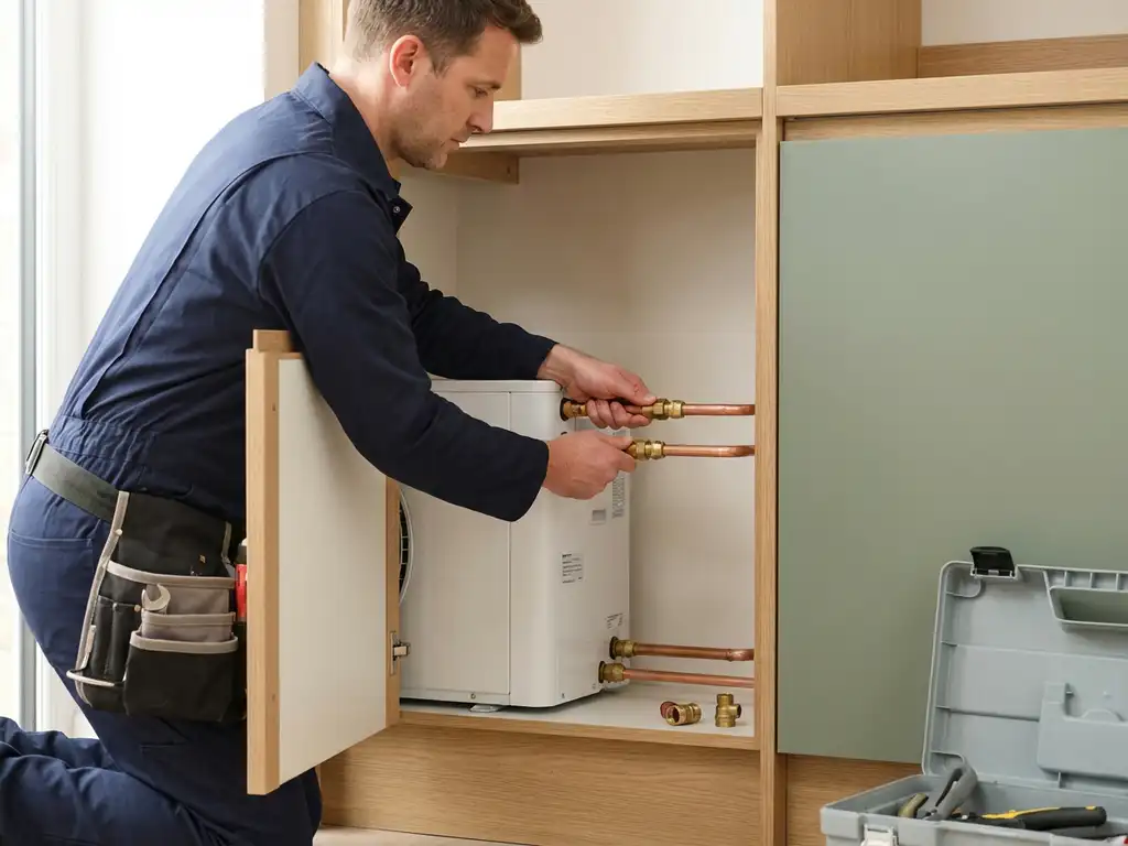 Technicus installeert compacte witte warmtepomp in moderne Nederlandse meterkast met koperen leidingen.