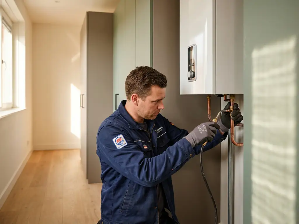 Technicus sluit koperen leidingen aan op een compacte warmtepomp in een Nederlandse meterkast met lichte eiken accenten.