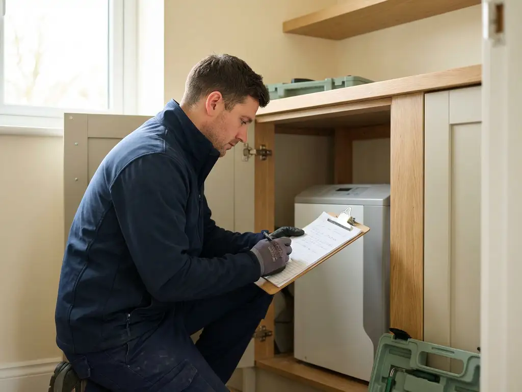 Technicus in marineblauw werkpak inspecteert aantekeningen op klembord naast een compacte witte warmtepomp in een meterkast.